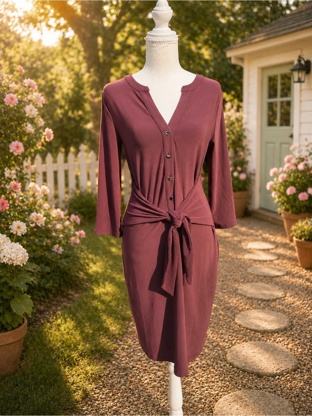 WHBM Women's Mauve Tie-Waist Button Front Dress
